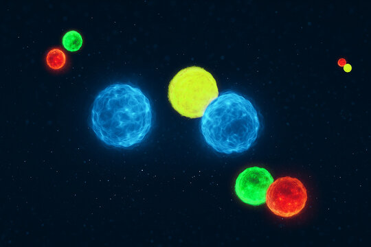 Hadrons compos&eacute; d'un baryon (triplet de quarks) et de trois m&eacute;sons (doublets form&eacute;s d&rsquo;un quark et d&rsquo;un antiquark.