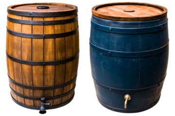 Two rustic wooden barrels used for aging wine isolated with transparent background