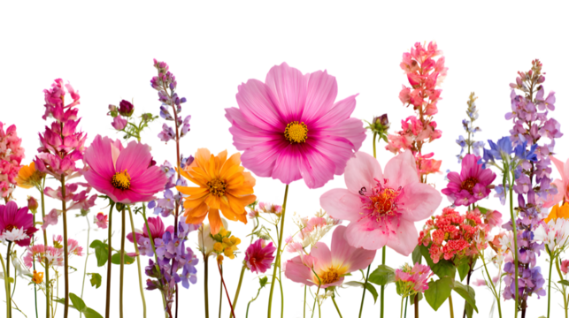 Vibrant floral border featuring pink, yellow, and purple wildflowers perfect for spring designs and invitations Isolated on white background