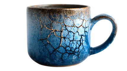 Stunning cracked blue ceramic mug with rustic glaze details, perfect for modern home decor or cafe branding Isolated on white background