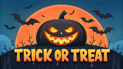Spooky jack o lantern with bats and full moon for halloween