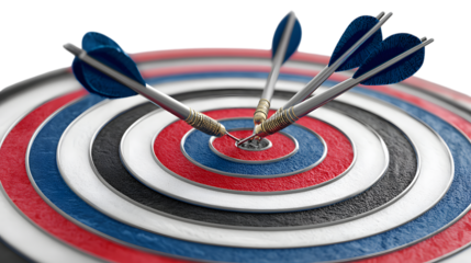 Precision darts hit bullseye on target board symbolizing success and achieving goals Isolated on white background