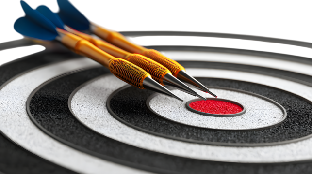 Precision darts hitting the bullseye, symbolizing success and achieving goals with sharp focus and determination. Isolated on white background