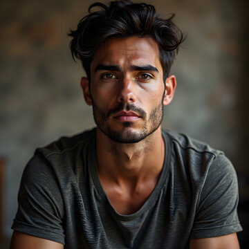 A Handsome Young Man With Dark Hair Looking Into The Camera