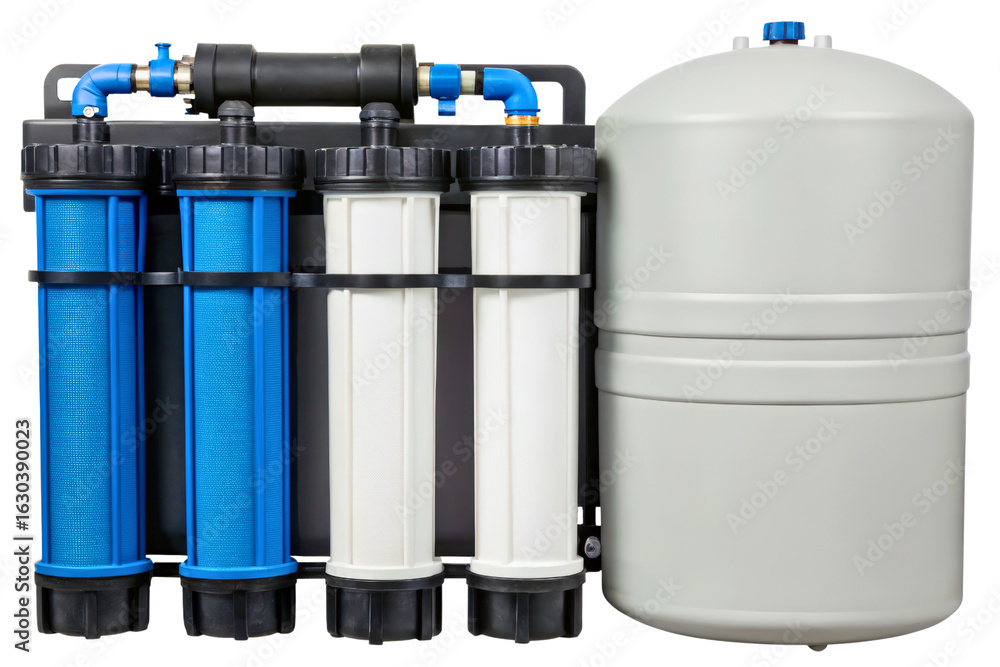 Poster reverse osmosis water filtration system with multiple cartridges isolated with transparent backgroun