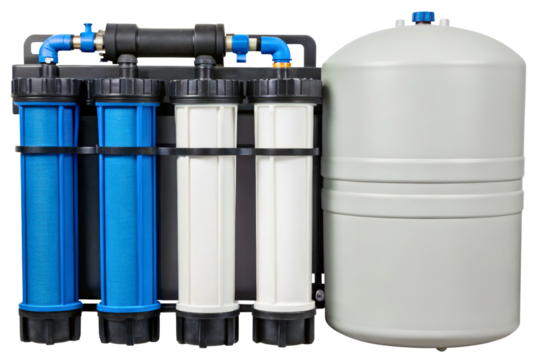 Reverse osmosis water filtration system with multiple cartridges isolated with transparent background