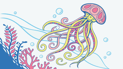 Fototapeta premium Illustration of a pink jellyfish with yellow tentacles and coral reef in an underwater scene