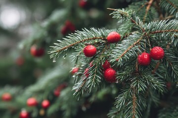 Close-up of pine branches with red berries, wet with rain