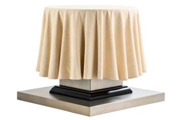 Round presentation table on a pedestal covered with a cloth isolated with transparent background