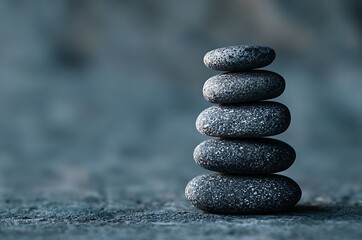 A serene stack of smooth, dark stones balanced carefully on a textured surface, evoking a sense of calm and tranquility.