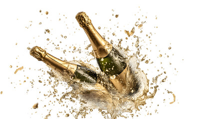 Celebrate success with dynamic champagne bottle splash and golden effervescence Isolated on white background