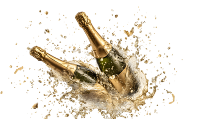 Celebrate success with dynamic champagne bottle splash and golden effervescence Isolated on white background