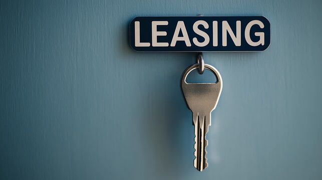 A metallic key attached to a blue tag labeled "LEASING," symbolizing property rental or lease agreements.
