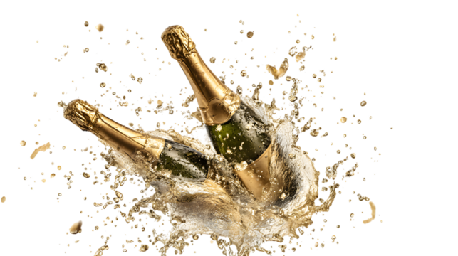 Celebrate success with dynamic champagne bottle splash and golden effervescence Isolated on white background