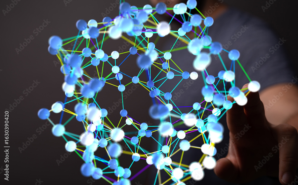 Poster abstract image of a complex network. represents connection, data, technology, and innovation.
