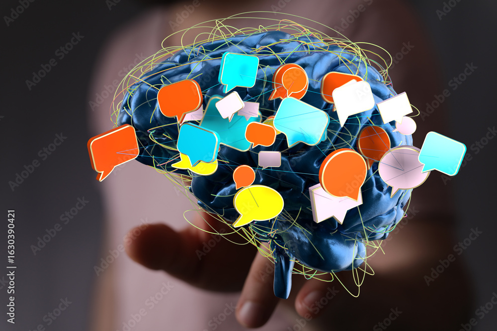 Poster abstract image of a brain with colorful speech bubbles, symbolizing communication and ideas.