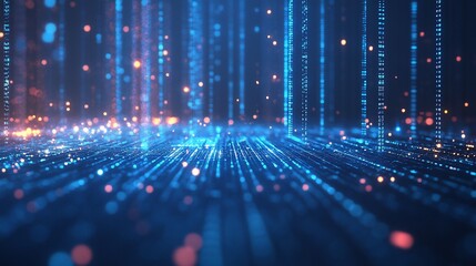 Abstract digital landscape showcasing a network of blue and orange illuminated lines and floating lights, hinting at data flow