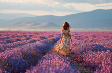 Young woman in lavender field at sunset. Beautiful girl in long dress walking in lavender field
