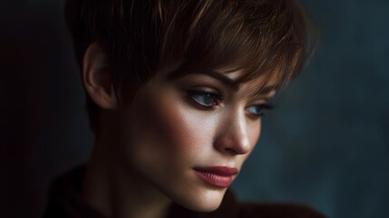 Fototapeta premium Portrait of a woman with a short pixie haircut in dramatic lighting