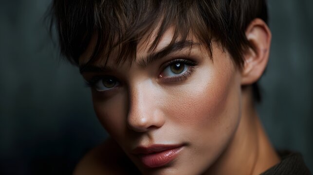 Striking portrait of a woman with a short pixie haircut in dramatic lighting