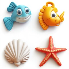 Four cartoonish sea creatures, digitally rendered.  Brightly colored fish, a scallop, and a starfish sit against a white background, with an almost 3D effect