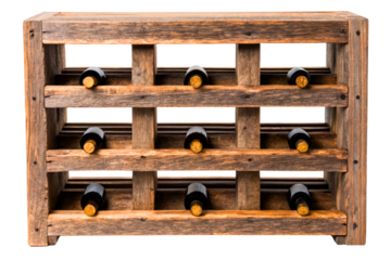 Rustic wooden wine rack holding several bottles of red wine isolated with transparent background