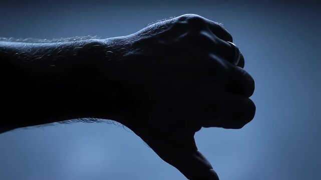 Man's hand shows thumbs down, blue background