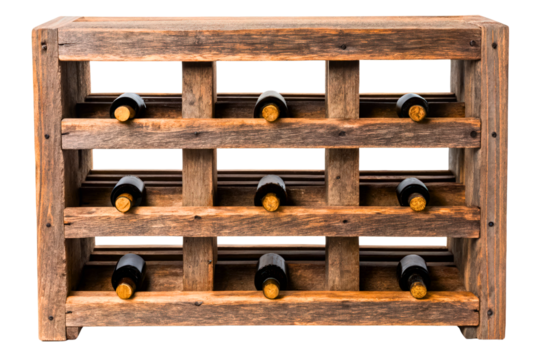 Rustic wooden wine rack holding several bottles of red wine isolated with transparent background