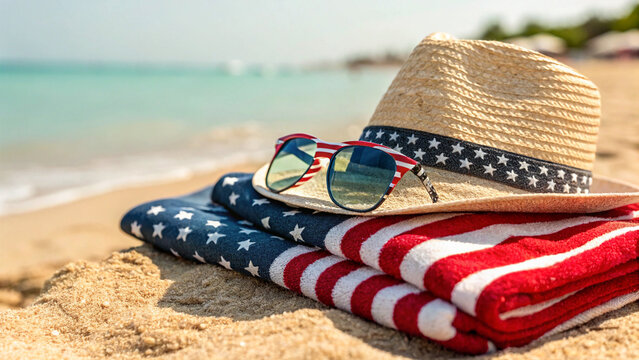 USA Themed Sunglasses, Hat, and Towel on Sandy Beach - Powered by Adobe