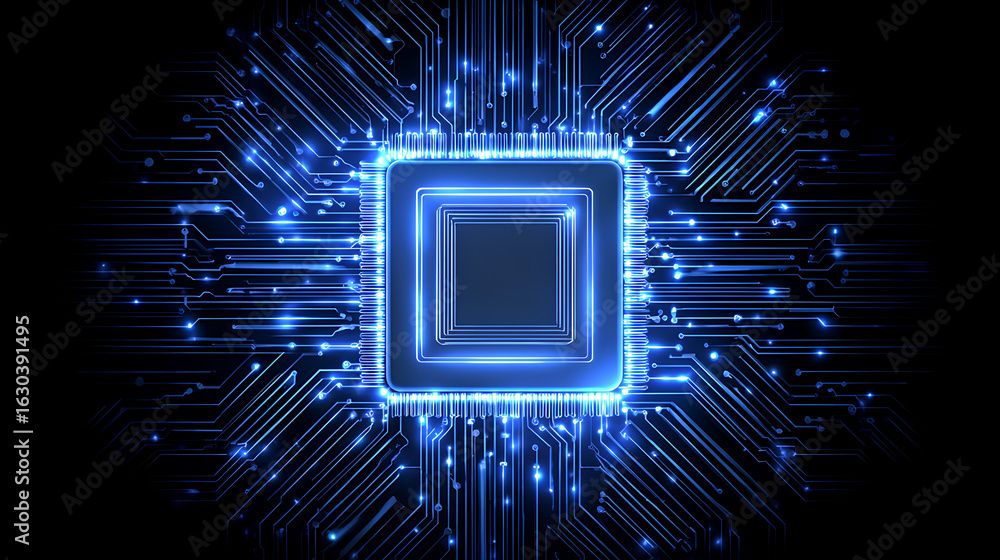 Poster technology quantum blue portal on circuit motherboard with thin line glowing wires. tech background.