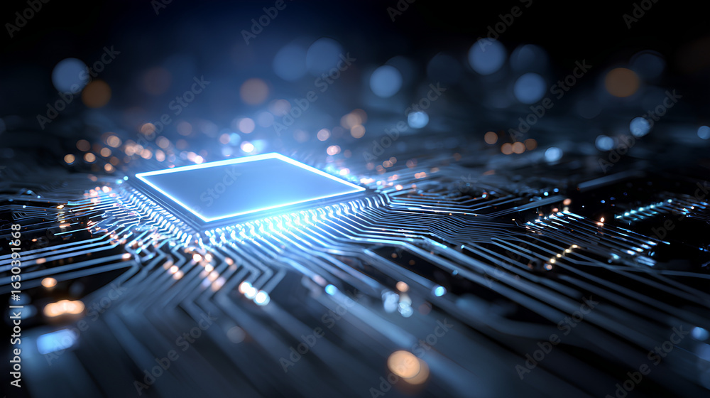 Poster technology quantum blue portal on circuit motherboard with thin line glowing wires. tech background.