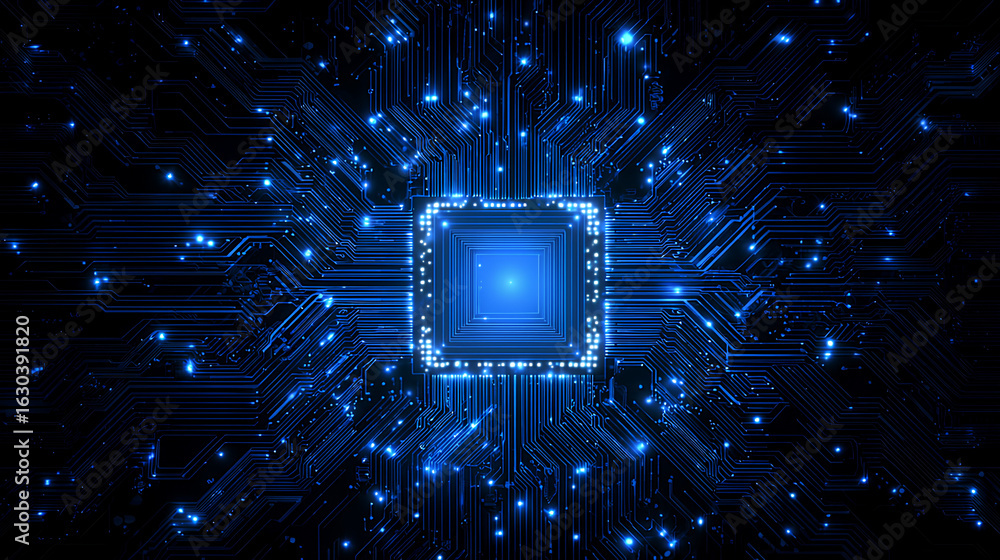 Poster technology quantum blue portal on circuit motherboard with thin line glowing wires. tech background.