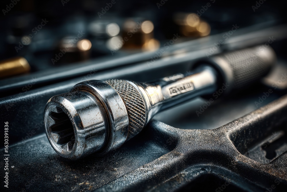 Poster metallic chrome socket wrench extension bar resting in a dark textured toolbox.