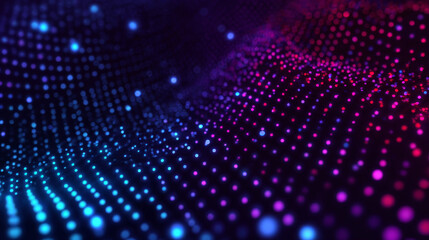 Seamless halftone dotted digital technology wide background with futuristic neon light and faded effect. Cyberpunk and retrowave design for technology, hi-tech and science concept. Vector illustration