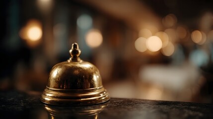 Golden service bell in a cozy hotel lobby