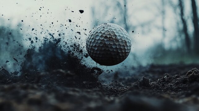 A close-up captures a golf ball mid-air, kicking up dirt and debris from a muddy field with blurred forest background