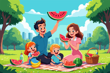 Happy Family Summer Picnic: Cartoon Style Illustration of Parents and Children Enjoying Watermelon in a Park