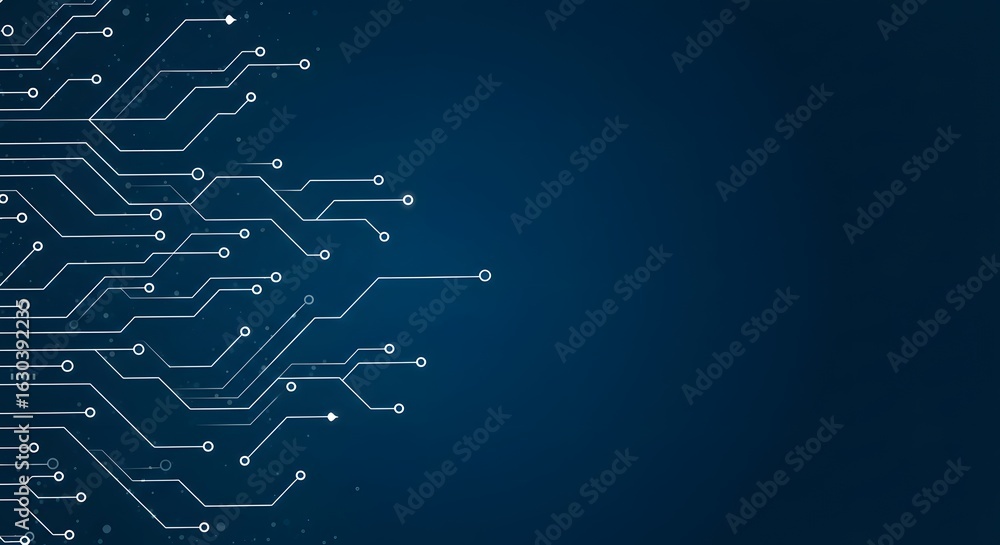 Poster a digital blue circuit board background with a technical design illustrates a computer network bluep