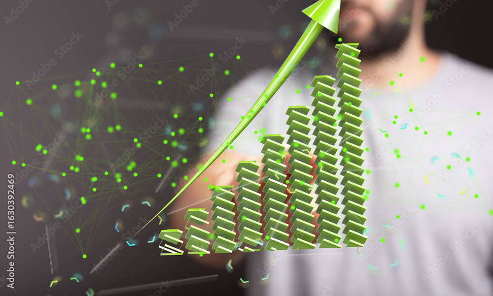 Poster stock photo of person interacting with a 3d graph showing business growth and data analysis.
