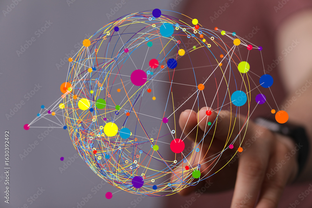 Aufkleber abstract image of a colorful network sphere, representing global connections and communication.