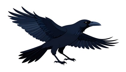 Illustration of a majestic raven soaring with outstretched wings against blank background