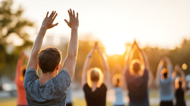 group fitness training in park at morning sunlight, inclusive ages
