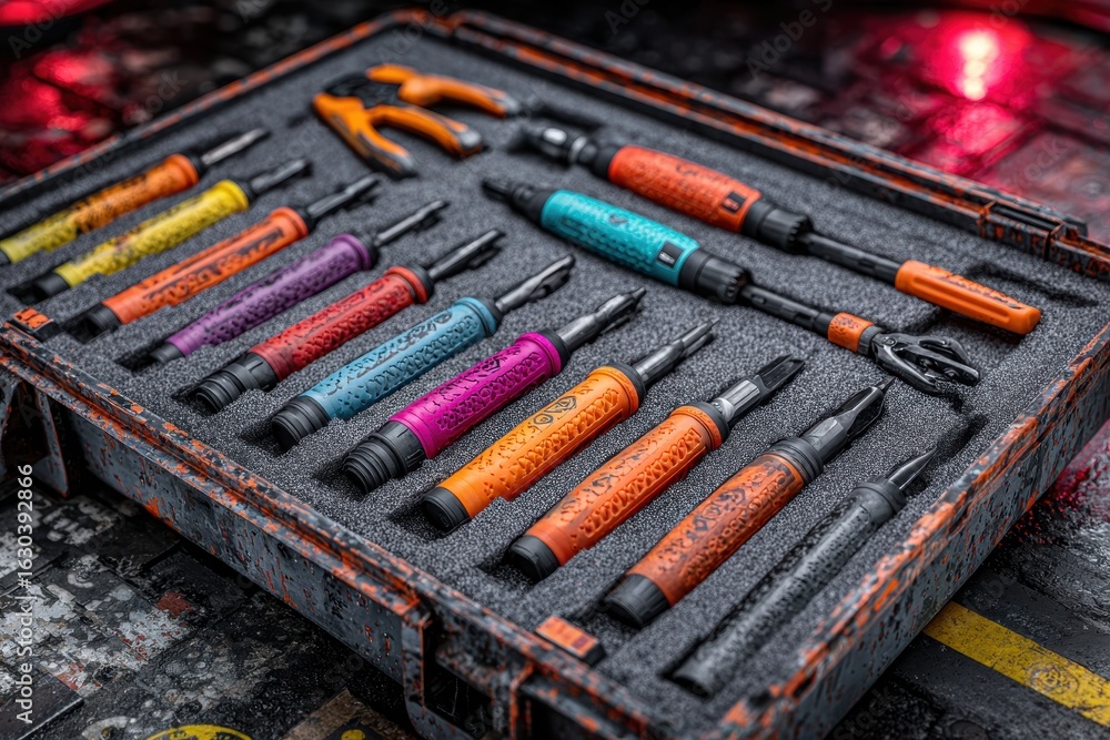 Poster a colorful set of specialized tools neatly arranged in a rugged, custom-fitted foam case.