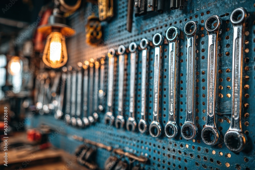 Poster a well-organized set of shiny wrenches neatly displayed on a blue pegboard in a workshop.
