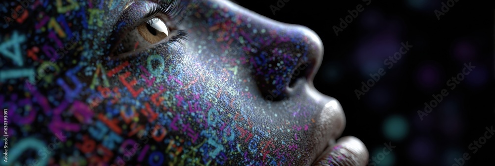Poster creative portrait showcasing vivid body art with colorful digital patterns on a models face during a