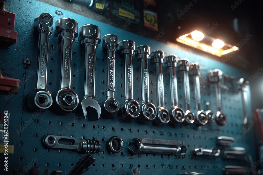Poster organized chrome wrenches and tools displayed on a workshop pegboard.