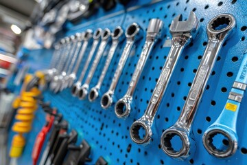 Fototapeta premium A row of shiny chrome wrenches neatly organized on a blue pegboard in a professional workshop setting.