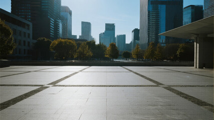 Fototapeta premium Urban Plaza with Modern Skyscrapers and Greenery in the Background