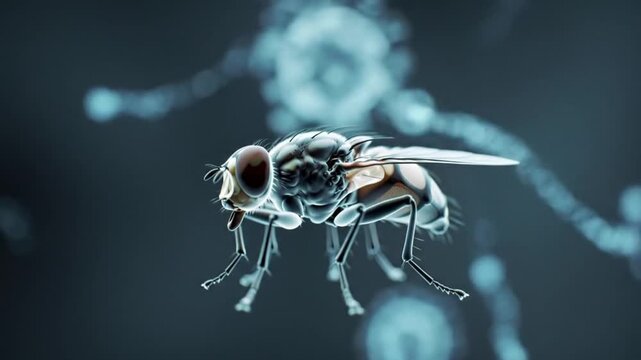 Conceptual digital illustration of a housefly with a transparent body, showing its anatomical structure with an X-ray effect.