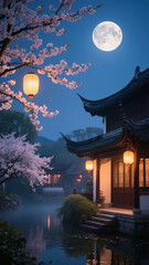 Obraz premium Traditional Asian Pavilion by a Serene Lake Under a Full Moon